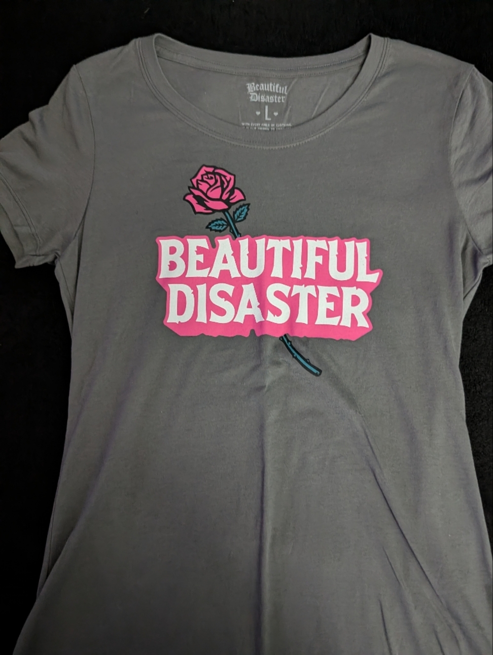 Beautiful Disaster Women’s Gray Graphic Tee with Pink Rose